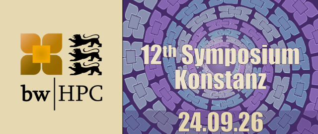 Logo of bwHPC with three lions and a conference poster "12th Symposium Konstanz 24.09.26"